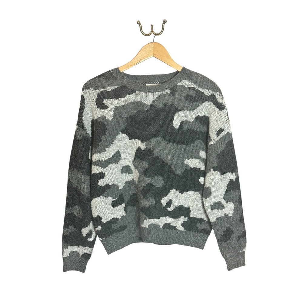 Lucky Brand Camo Crewneck Sweater Grey Charcoal Camouflage Knit Womens Medium